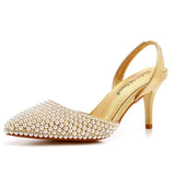Queen Women Pearl Pumps Slingback High Heels Elegant Medium Lady Sexy Wedding