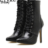 New Fashion Cross Lace-Up Black Ankle Chelsea Boots Women Sexy Pointed Toe Zip Party Nightclub Stripper High Heels