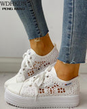 Shoes 2020 Fashion Summer Casual White Shoes Cutouts Lace Canvas Hollow Breathable Platform Flat Shoes Woman