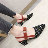 Spring Summer Women Shoes Leather Strap Sandals Woman Pointed Plaid Slingback Pumps Sandal Square Heels 6CM New