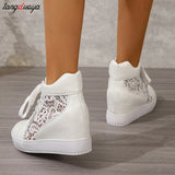 Women Lace-Up High Top sneakers women White lace Casual shoes Comfortable Height Increasing Sneakers Plarform Female Ankle