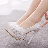 Breakj Cm White Lace High Heels Wedding Shoes Water Drill Pearl Banquet Shoes Large Size Thin Heel Waterproof Table Single