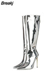 Classics Women High Heel Boots Patent Leather Back Zipper Square Toe Plush In Shoes Punk Style Knee-length Boots