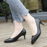 Comfortable Genuine Leather Women Black White Wedding Shoes Bride Low Med Thin High Heels Office Work Pumps For
