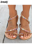Summer Women Sandals Sweet Boho Pearl Decoration Sandals Leather Flats Plus Size Women Beach Sand Holiday Shoes