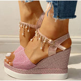 New Women Wedge Sandals Summer Bead Studded Detail Platform Sandals Buckle Strap Peep Toe Thick Bottom Casual Shoes