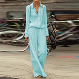 Spring Summer Loose Women Two Piece Set Casual Long Sleeve Button Tops + Long Pants Outfit Elegant Office Lady Shirt