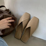 Half Drag Slippers Square Toe Sandals 2023 Spring/Summer Outside Wear Casual Soft Bottom Mules Low Heel Sapatos