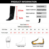Pointed Toe Wedge Long Boots for Women Loose Black Patent Leather Knee High Boots Woman Modern Fashion Fold Ridding