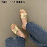 Fashion Weave Slippers Women Square Toe Flat Casual Shoes Brand Slide 2023 Summer Flip Flops Black Gold Sliver Beach