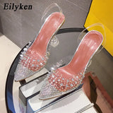 2022 New Gold Silver PVC Transparent Rivet Diamond Pumps Sandals Perspex Heel Pointed Toe Crystal Silver Wedding