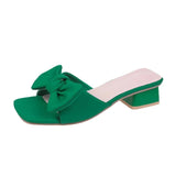 Plus Size 42 Green Bowknot Slippers Women Comfortable Low Heels Square Toe Slides Woman 2023 Summer Square Heels