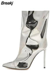 Women Stiletto Patent Leather Demonia Boots Pointed Toe Thin High Heels Shoes Ladies Metal Golden Ankle Boots For Women