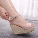 Shoes For Women Retro Open Toe Ankle Platform Beach White Sandals Plus Size Weave High Heels Buckle-Strap Roman