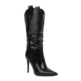 White Red Cowboy Western Boots Women Pleated Mid Calf Cowgirls Leather Shoes 2023 Spring Fall Thin High Heels Size