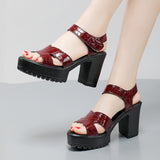 Breakj Leather High Heel Waterproof Sandals Women Fashion Crocodile Pattern Walking Shoes Summer Coarse Heel Magic Sticky H Women's