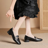 Luxury Metal Buckle Pumps Women Low High Heels Square Toe Shoes Ladies Solid Leather Mary Janes Femme Office Dress