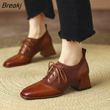 Retro Knitted Slim British Leather Shoes Square Toe Lace-up Deep Mouth Single Shoe Thick Heel High Heels Women 34-39