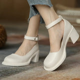 Beige Ankle Buckle Platform Pumps Women 2022 Square Heels Mary Jane Shoes Woman Retro Pu Leather High Heels Shoes