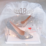 for Girls High Heels Rhinestone Elegant Woman Heeled Dress Bridal bow sweet Stiletto Princess style Birthday Gifts