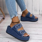 Breakj New Large-Size Lame And Denim Belt Buckle A Pedal Cool Slippers For Women To Wear Thick Bottom