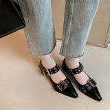 Heel Fashion Shoes Spring 2024 New Women's Shoes Belt Buckle Pointed Head Four Seasons Shoes Thick Heel Low Top Shoes Shallow Mouth Single
