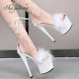 Waterproof Platform Sandals 2023 Summer New Women Shoes Fur Cross straps High Heels 16.5cm Stiletto Model Catwalk