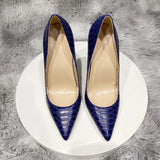 Navy Blue Crocodile Effect Pattern Women Sext Pointy Toe High Heel Shoes Chic Ladies Slip On Stiletto Pumps Size