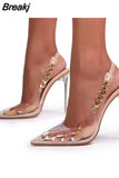 Nightclub High Heels Transparent PVC Pointed Toe Fashion Metal Chain Women Pumps Party Wedding Shoes