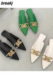 Spring Mule Slipper Women Flat Slide Brand Metal Buckle Slip on Casual Flip Flop Pointed Toe Crossover Sandal Big Size