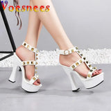 Rivet Women Slides Summer Pumps T-Belt Hollow Out Sexy Pole Dancing Shoes Thick Platform Models High Heels Sandals