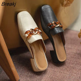 2023 Fashion One-word Flip-flops Metal Buckle Medium Thick Heel Toe Sandals Ladies Outer Wear Square Toe Mules 34-40