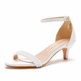 Breakj Heel Sandals White Buckle Shoes Fine Heel Fish Mouth Roman Sandals White Pearl