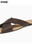 Size 33-40 Women Flats Slippers Real Leather Low Heels Summer Shoes Woman 2023 Open Toe Indoor House Slides