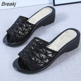 new women's slippers comfortable breathable wedge with thick bottom versatile mesh rhinestone slippers