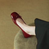 Vintage Bow Knot Lacquered Leather Bean Shoes Women's Flat Soles Summer Autumn Square Head Single Shoes Thick Heels Wine