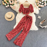 Summer Women Holiday Style Chiffon Printing Two Piece Set Short Shirt High Waist Wide Leg Pants Ladies Idyllic Style
