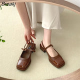 Flat Shoes Women Leather Shoes Square Toe Spring Autumn Single Shoes Mary Jane Black