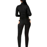 Women Bodycon Jumpsuit Solid Color Overalls Long Sleeves Rompers Bodysuits High Neck Hollow Out Buckle Biker Short