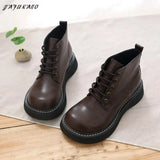 Girl Retro British Small Leather Boots Wide-Head Womens Ankle Boots Handmade Warm Big-Head Short Boots Student Women