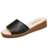 summer cow flat leather women slippers non-slip lower tendon ladies slippers solid hollow one button mothers