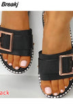 Women Metal leather Slippers Slides Summer Pearl Flat Crystal small size 34 Sandals home Female Casual Shoes Zapatos