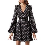 New Women Sexy V Neck Letters Print Fashion Short Dresses Casual Satin Slim Lantern Sleeves Zipper Elegant Party