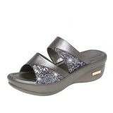 new Women Summer Slippers Ladies Glitter PU Wedges Shoes Female Casual Slingbacks Sandals Comfortable Platform