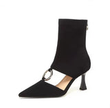 2022 Womens Pointed The Knee Boots Cut Out Rhinestones Square Circle Buckle High Heel Shoes Real Leather Black High
