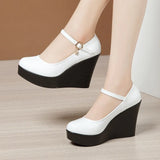 Heel High Heel Buckle Spring Single Shoes 2023 New Thick-Soled Waterproof Platform Walking Shoes Lacquered Leather Shallow-Mouth Work