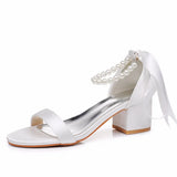 Breakj Cm Square Heel Sandals Shallow Mouth With Thick Heel Sandals White Beads Drifted Sandals Bride Wedding