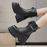 Fashion Chain Buckle Cross Tied Goth Women Shoes Mid Calf Punk Platform Flats Motorcycles Boots Winter Mujer Boots