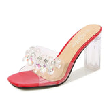 Fashion Girl Bow Crystal Slippers Sexy Transparent Dress Heel Shoes Summer Pearl Bowknot Design 2023 Elegant Party