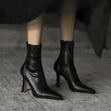 Heels Dress Shoes Pointed Toe Bare Boots Black Booties Thin Heeled Fashion Ankle Boots Retro Ladies Shoes